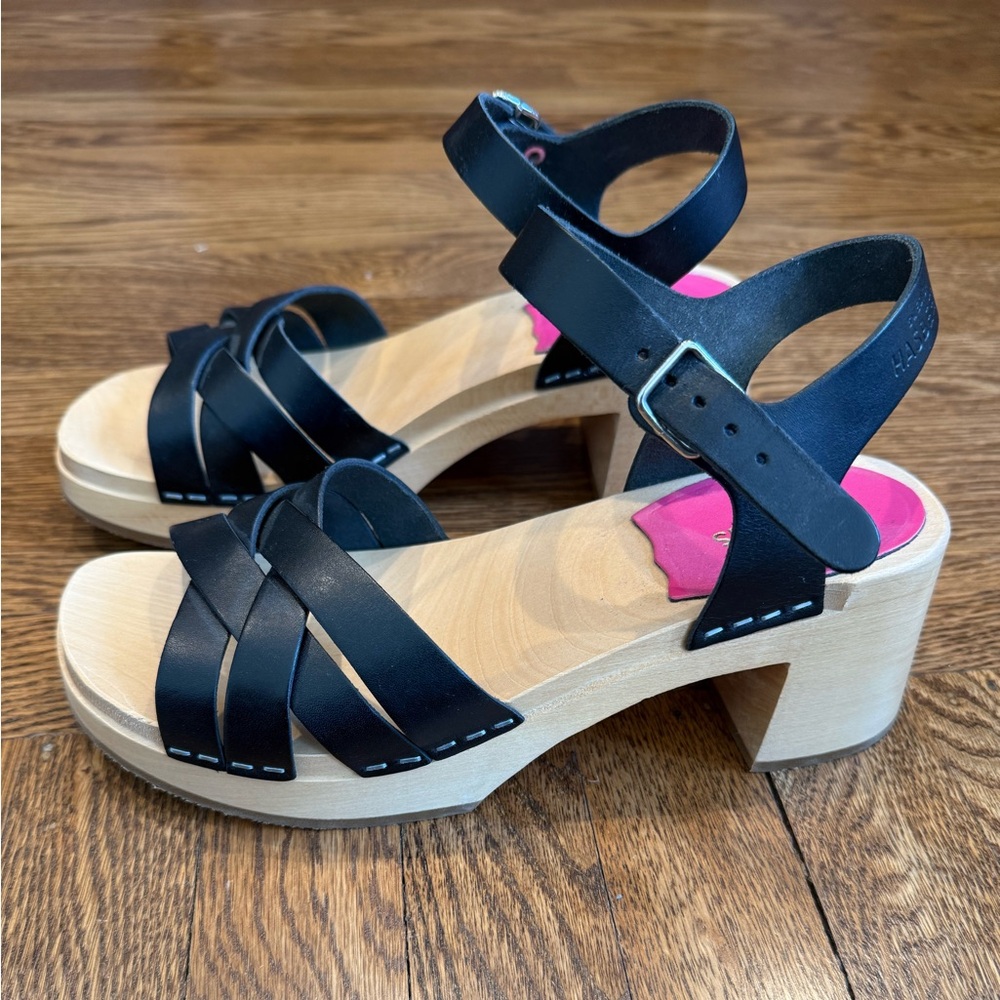 Swedish Hasbeens Black Strappy Platform Sandals, size 37